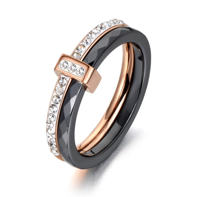 AENINE Fashion Black/White Ceramic Crystal Wedding Rings Jewelry For Women Girls Rose Gold Stainless Steel Bohemia Ring AR18054