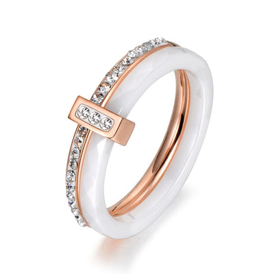 AENINE Fashion Black/White Ceramic Crystal Wedding Rings Jewelry For Women Girls Rose Gold Stainless Steel Bohemia Ring AR18054