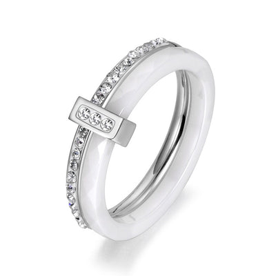 AENINE Fashion Black/White Ceramic Crystal Wedding Rings Jewelry For Women Girls Rose Gold Stainless Steel Bohemia Ring AR18054