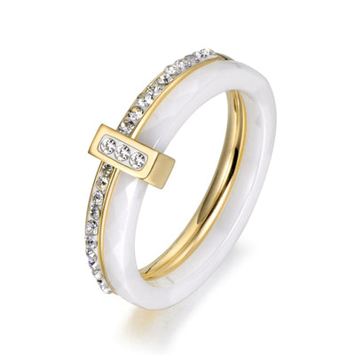 AENINE Fashion Black/White Ceramic Crystal Wedding Rings Jewelry For Women Girls Rose Gold Stainless Steel Bohemia Ring AR18054