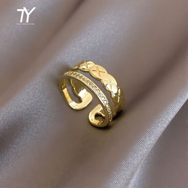 Luxury Zircon Gold Double Student Opening Rings For Woman 2021 New Fashion Gothic Finger Jewelry Wedding Party Girl's Sexy Ring