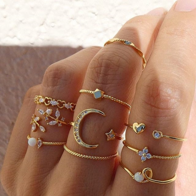 Moon Star Matching Rings for Women Anillos Mujer Gold Ring Set Bagues Girls Anillo Bohemian Jewellery Slytherin Accessories