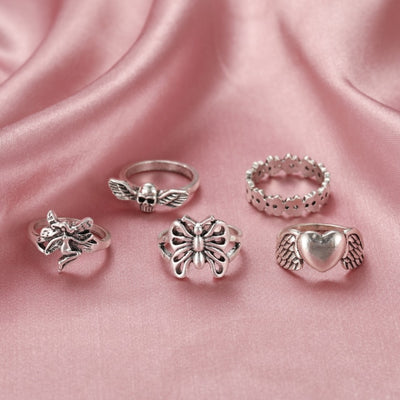 6Pcs Vintage Gothic Butterfly Angle Flower Multi Element Ring Set For Women Men Retro Personality Finger Ring Gifts