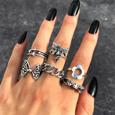 6Pcs Vintage Gothic Butterfly Angle Flower Multi Element Ring Set For Women Men Retro Personality Finger Ring Gifts