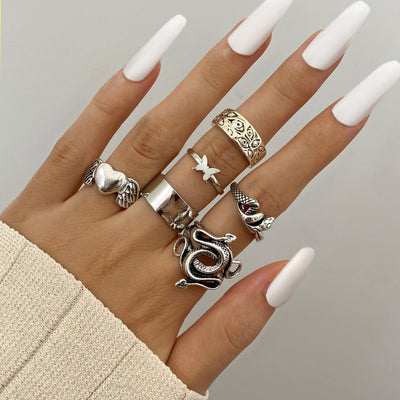 6Pcs Vintage Gothic Butterfly Angle Flower Multi Element Ring Set For Women Men Retro Personality Finger Ring Gifts