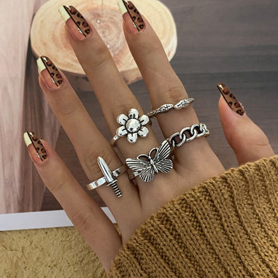 6Pcs Vintage Gothic Butterfly Angle Flower Multi Element Ring Set For Women Men Retro Personality Finger Ring Gifts