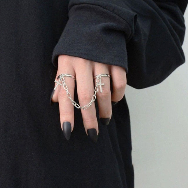 Hip Hop Cross Ring On Finger Chains Adjustable Jewelry Rings for Men Women Gothic anillos Aesthetic Rings 2021 Trend Accessories
