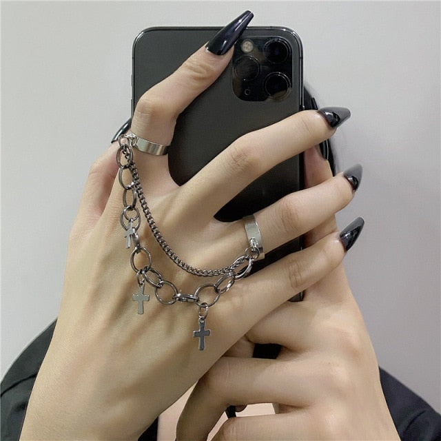 Hip Hop Cross Ring On Finger Chains Adjustable Jewelry Rings for Men Women Gothic anillos Aesthetic Rings 2021 Trend Accessories