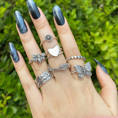 6Pcs Vintage Gothic Butterfly Angle Flower Multi Element Ring Set For Women Men Retro Personality Finger Ring Gifts