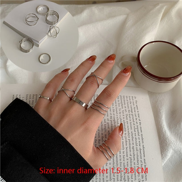 6Pcs/set Punk Finger Rings Minimalist Smooth Gold/black Geometric Metal Rings for Women Girls Party Jewelry Bijoux Femme