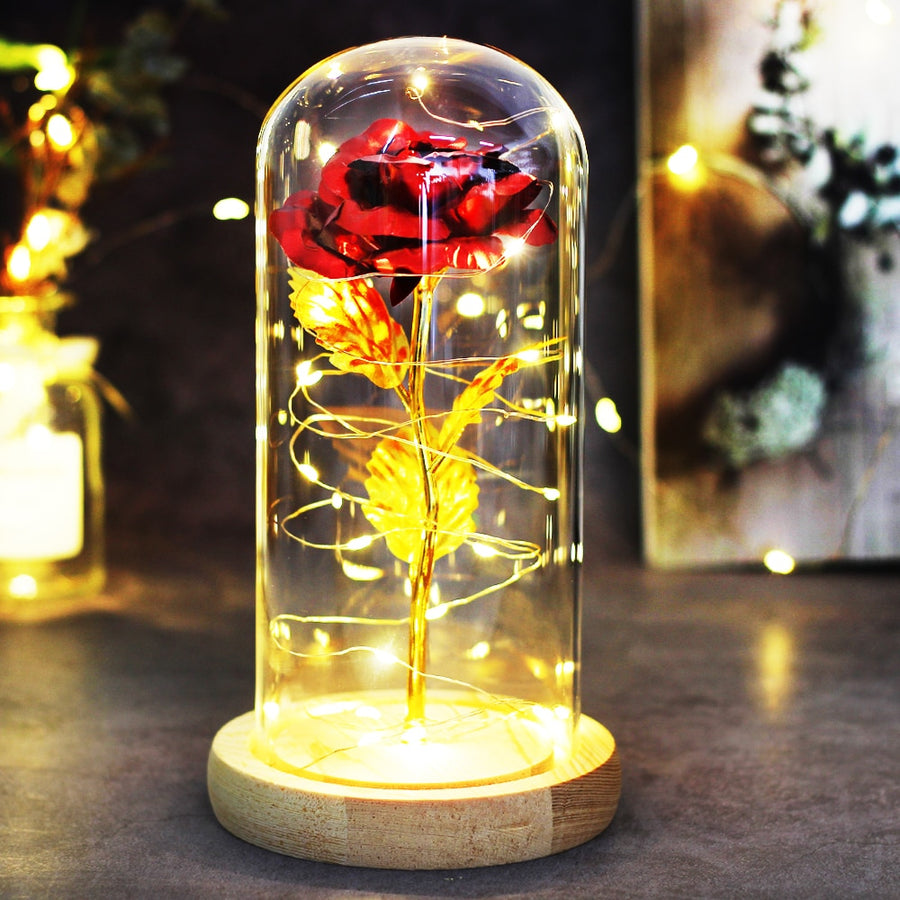 Beauty And Beast Rose LED Forever In Glass Dome Red Rose Valentine's Christmas Day Special Romantic Birthday Gift For Girlfriend