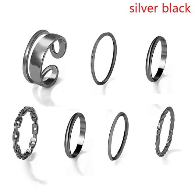6Pcs/set Punk Finger Rings Minimalist Smooth Gold/black Geometric Metal Rings for Women Girls Party Jewelry Bijoux Femme