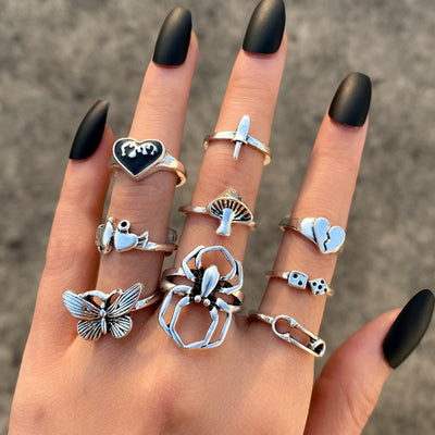 6Pcs Vintage Gothic Butterfly Angle Flower Multi Element Ring Set For Women Men Retro Personality Finger Ring Gifts