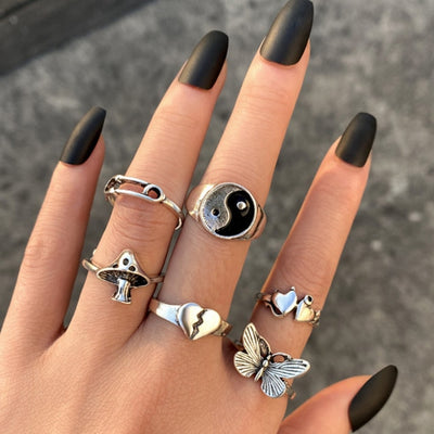 6Pcs Vintage Gothic Butterfly Angle Flower Multi Element Ring Set For Women Men Retro Personality Finger Ring Gifts