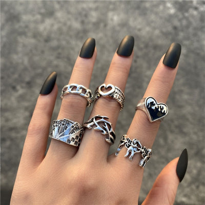 6Pcs Vintage Gothic Butterfly Angle Flower Multi Element Ring Set For Women Men Retro Personality Finger Ring Gifts