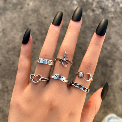 6Pcs Vintage Gothic Butterfly Angle Flower Multi Element Ring Set For Women Men Retro Personality Finger Ring Gifts