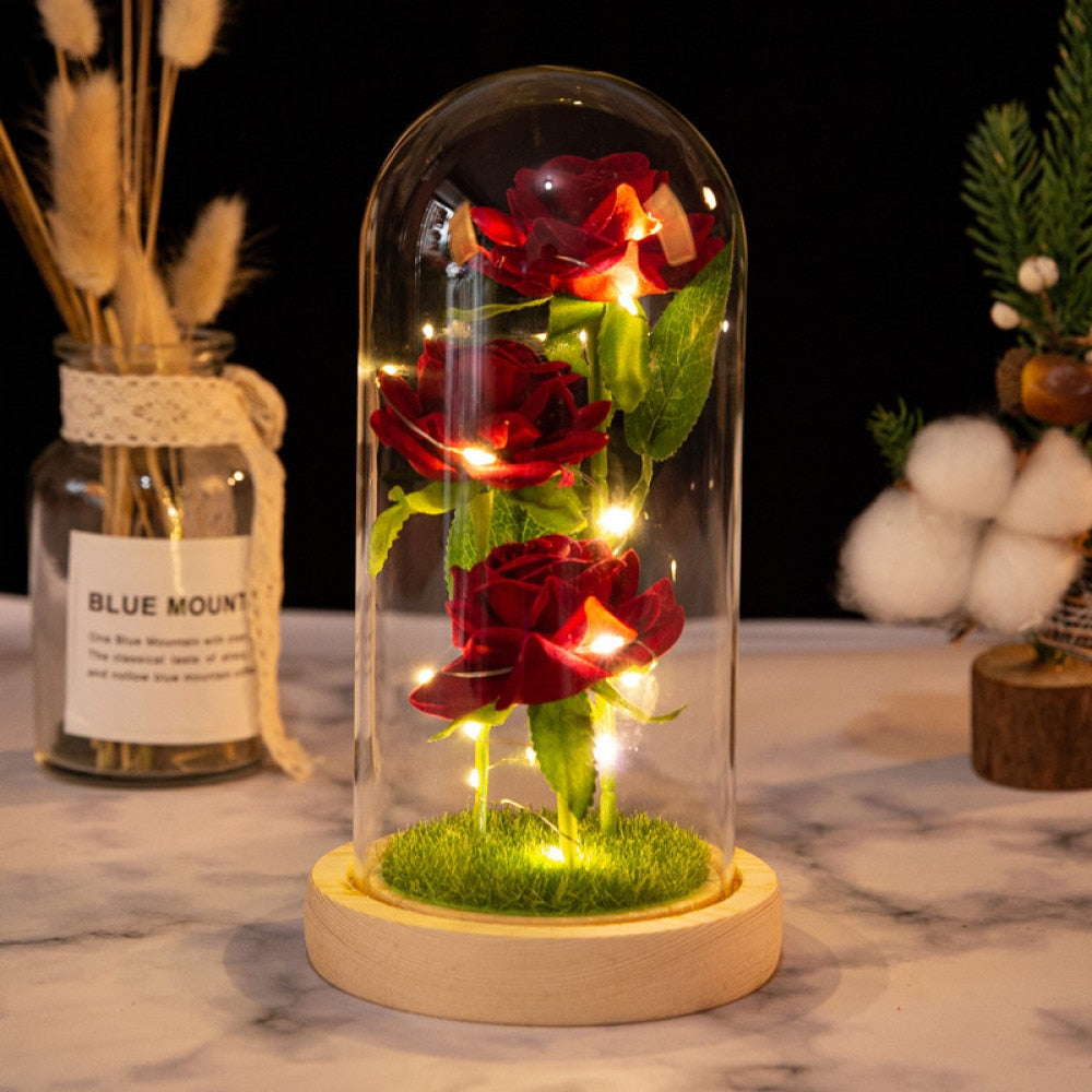 Eternal Red Rose In LED Glass Dome Gold Foil Flower Forever Rose New Year Valentine'S Day Wedding Gift For Girlfriend Lover