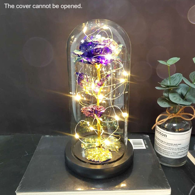 Eternal Red Rose In LED Glass Dome Gold Foil Flower Forever Rose New Year Valentine'S Day Wedding Gift For Girlfriend Lover