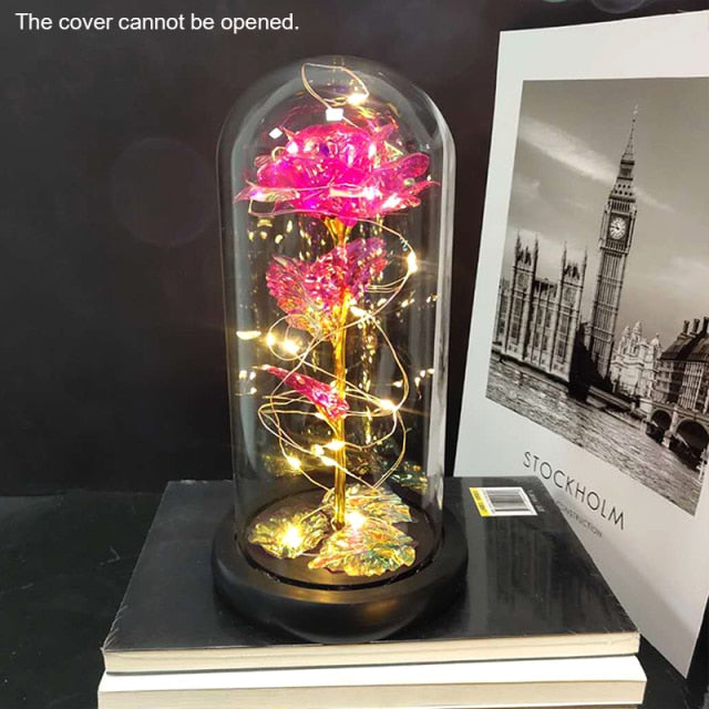 Eternal Red Rose In LED Glass Dome Gold Foil Flower Forever Rose New Year Valentine'S Day Wedding Gift For Girlfriend Lover