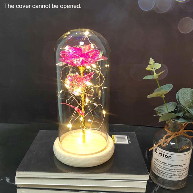 Eternal Red Rose In LED Glass Dome Gold Foil Flower Forever Rose New Year Valentine'S Day Wedding Gift For Girlfriend Lover