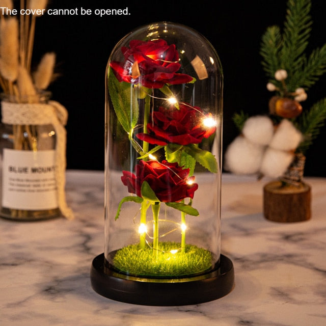 Eternal Red Rose In LED Glass Dome Gold Foil Flower Forever Rose New Year Valentine'S Day Wedding Gift For Girlfriend Lover