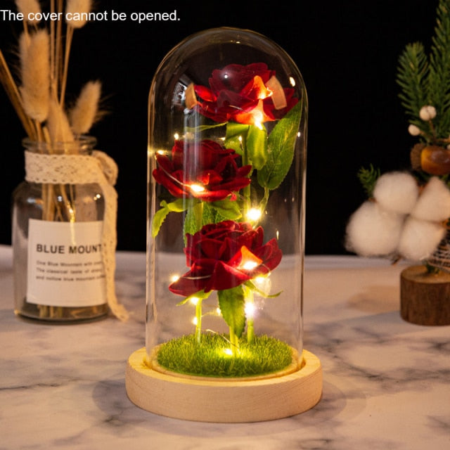 Eternal Red Rose In LED Glass Dome Gold Foil Flower Forever Rose New Year Valentine'S Day Wedding Gift For Girlfriend Lover