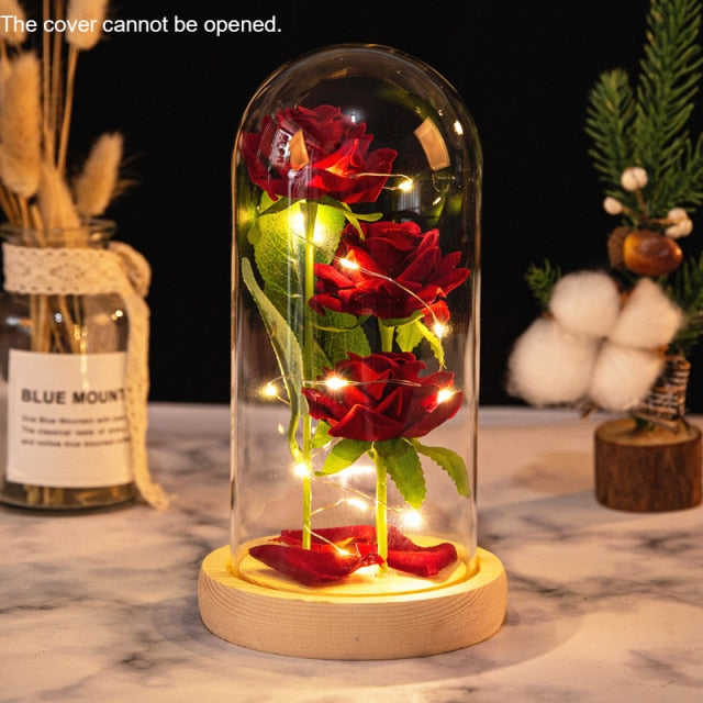Eternal Red Rose In LED Glass Dome Gold Foil Flower Forever Rose New Year Valentine'S Day Wedding Gift For Girlfriend Lover