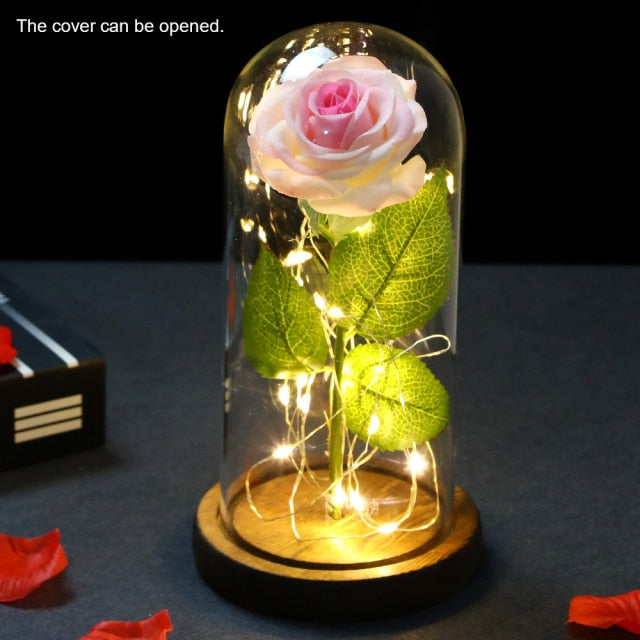 Eternal Red Rose In LED Glass Dome Gold Foil Flower Forever Rose New Year Valentine'S Day Wedding Gift For Girlfriend Lover