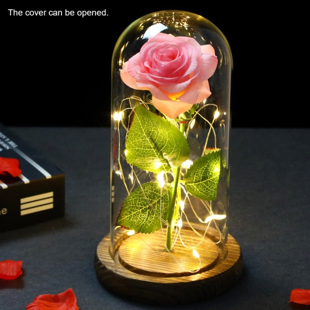 Eternal Red Rose In LED Glass Dome Gold Foil Flower Forever Rose New Year Valentine'S Day Wedding Gift For Girlfriend Lover
