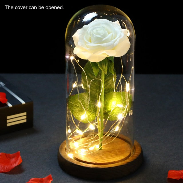 Eternal Red Rose In LED Glass Dome Gold Foil Flower Forever Rose New Year Valentine'S Day Wedding Gift For Girlfriend Lover