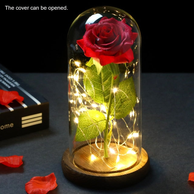 Eternal Red Rose In LED Glass Dome Gold Foil Flower Forever Rose New Year Valentine'S Day Wedding Gift For Girlfriend Lover