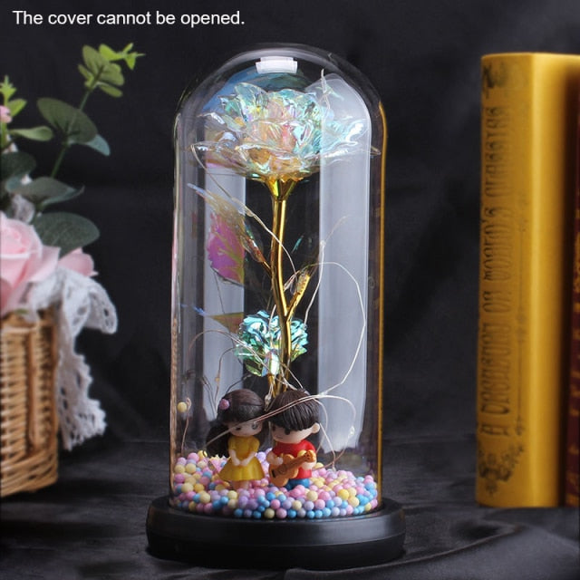 Eternal Red Rose In LED Glass Dome Gold Foil Flower Forever Rose New Year Valentine'S Day Wedding Gift For Girlfriend Lover