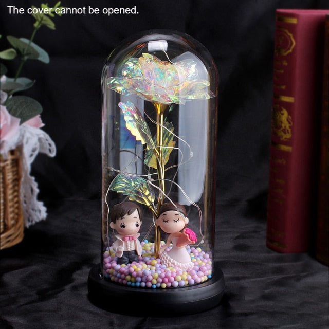 Eternal Red Rose In LED Glass Dome Gold Foil Flower Forever Rose New Year Valentine'S Day Wedding Gift For Girlfriend Lover