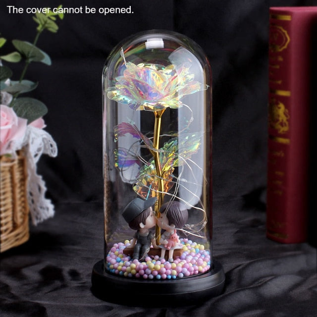 Eternal Red Rose In LED Glass Dome Gold Foil Flower Forever Rose New Year Valentine'S Day Wedding Gift For Girlfriend Lover