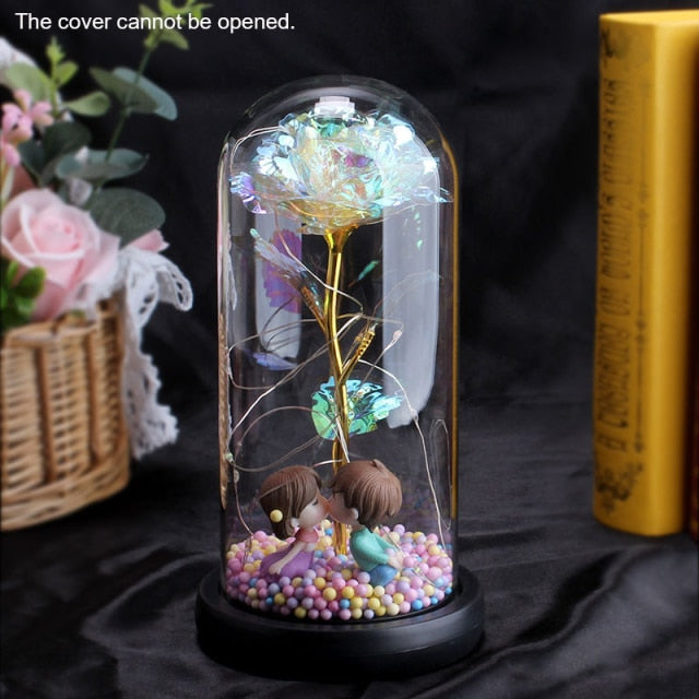 Eternal Red Rose In LED Glass Dome Gold Foil Flower Forever Rose New Year Valentine'S Day Wedding Gift For Girlfriend Lover