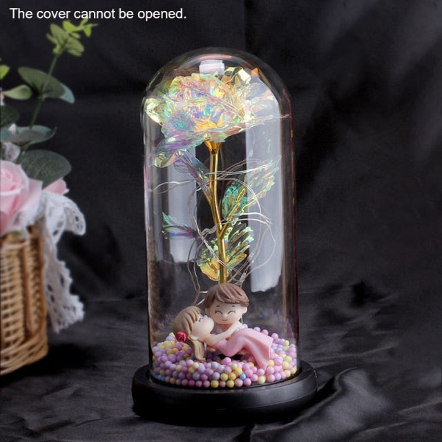 Eternal Red Rose In LED Glass Dome Gold Foil Flower Forever Rose New Year Valentine'S Day Wedding Gift For Girlfriend Lover