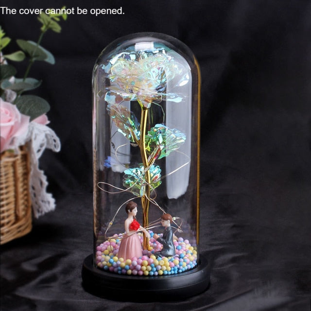 Eternal Red Rose In LED Glass Dome Gold Foil Flower Forever Rose New Year Valentine'S Day Wedding Gift For Girlfriend Lover