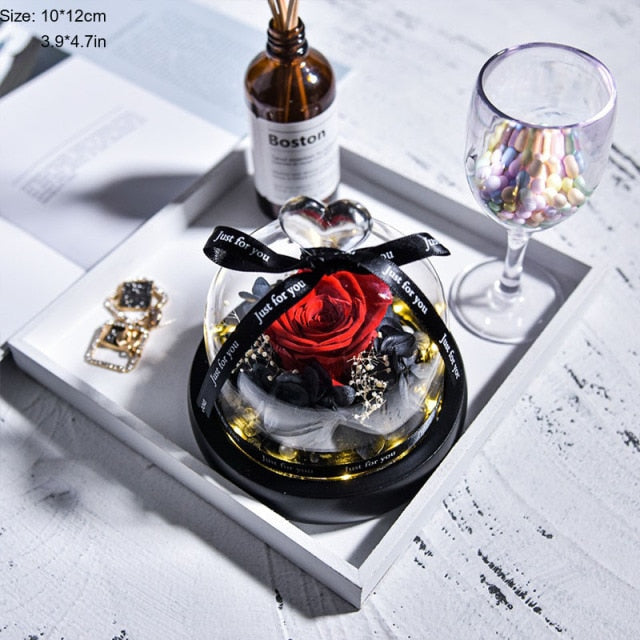 Eternal Red Rose In LED Glass Dome Gold Foil Flower Forever Rose New Year Valentine'S Day Wedding Gift For Girlfriend Lover